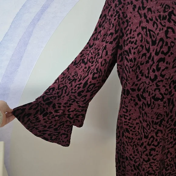 Tacera | 2X | Burgundy & Black Animal Print Bell Sleeve Dress - Picture 3 of 9